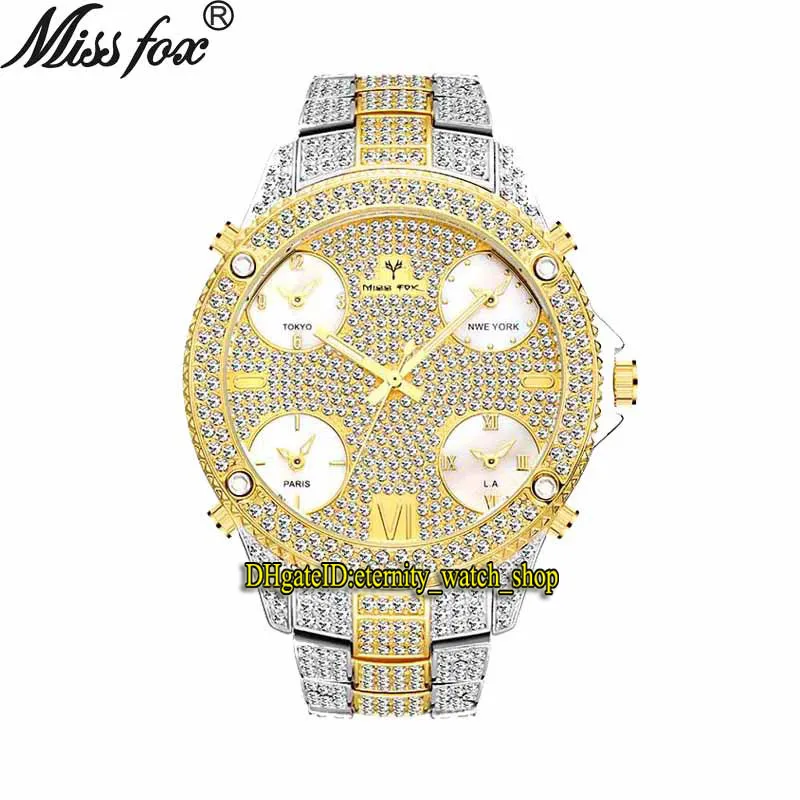 MissFox Eternity V305 Hip Hop Fashion Mens Klockor 51mm CZ Diamant Inlay Multi Dial Quartz Movement Men Watch Iced Out Diamanter Bezel Alloy Case Guld Silvery Armband