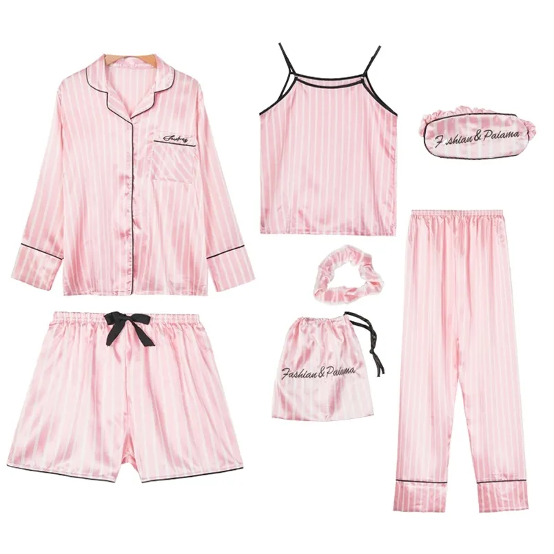 Rose femmes 7 pièces pyjamas ensembles fausse soie rayé pyjama femmes vêtements de nuit printemps été automne Homewear 210830