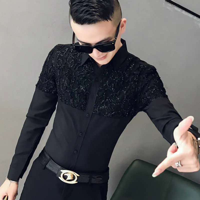 Lace Splice Shirts Men Dress Casual Slim Fit Long Sleeve Shirt Camisa Masculina Night Club Party Show Clothing Streetwear 210527