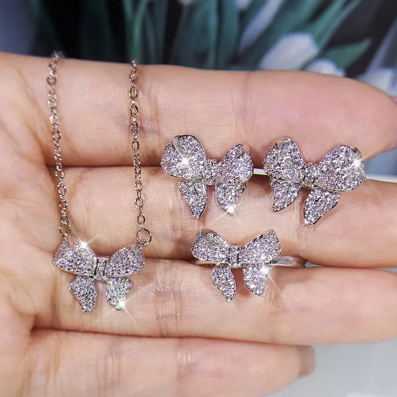 2021 925 Silver Womens Set Borboleta Anel de diamante Colar Brincos de três peças de casamento nupcial jóias
