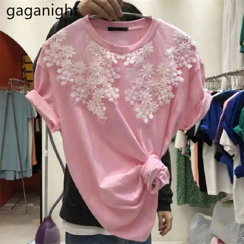 Sweet Femmes Dentelle Patchwork Solid Tshirt Sans manches courtes O Cou Mode Lady Coréen T Shirts Outwear Tops Drop 210601