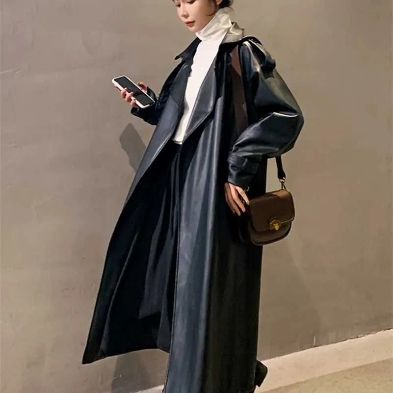 Nerazzurri Spring Black Oversized Long Vattentät Läder Trench Coat för Kvinnor Långärmad Loose Korean Fashion Clothing 210929