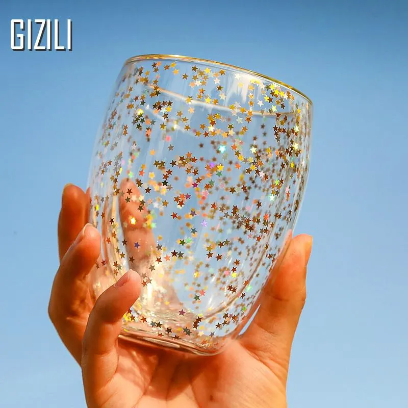 Bicchieri da vino 1Pcs Bottiglia d'acqua Tazza da caffè Set resistente al calore Doppia parete in vetro Cielo stellato Tazza Tazze da whisky 2021 Regalo di Natale