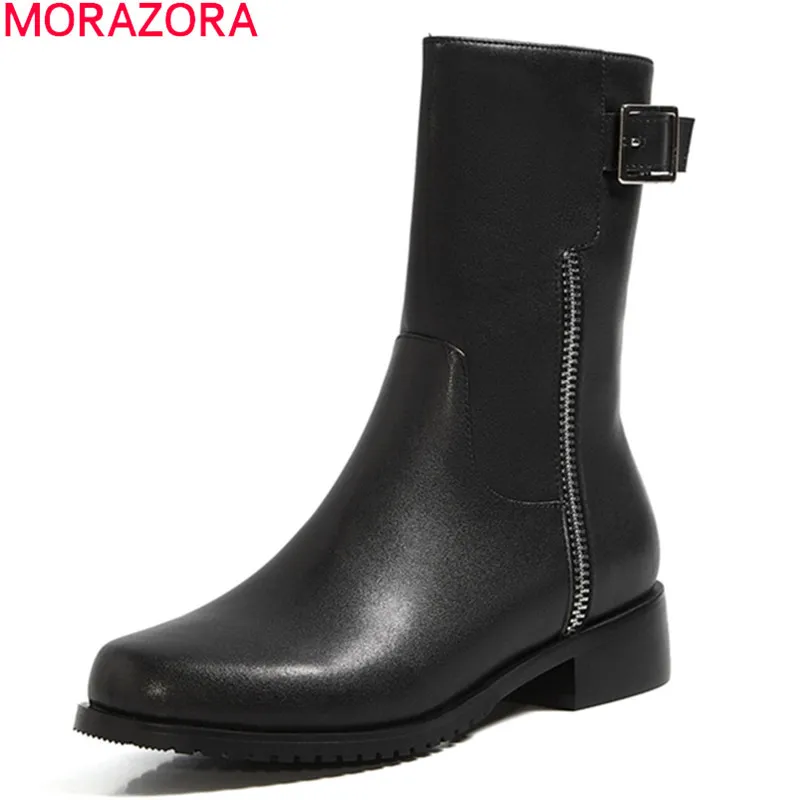 Morazora Botas de tobillo de alta calidad Cuero genuino Color negro Botas de mujer Tacón bajo Punta cuadrada Otoño Invierno Zapatos de mujer 210506