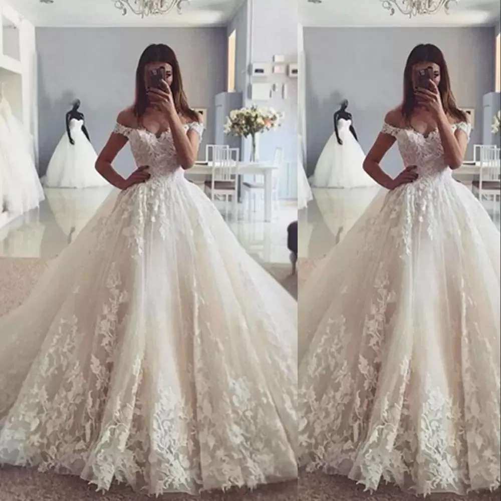 2022 Великолепные кружевные аппликации свадебные платья свадебные шариковые платья с плечами длиной на плечо Пляжный замок на заказ плюс размер Vestidos