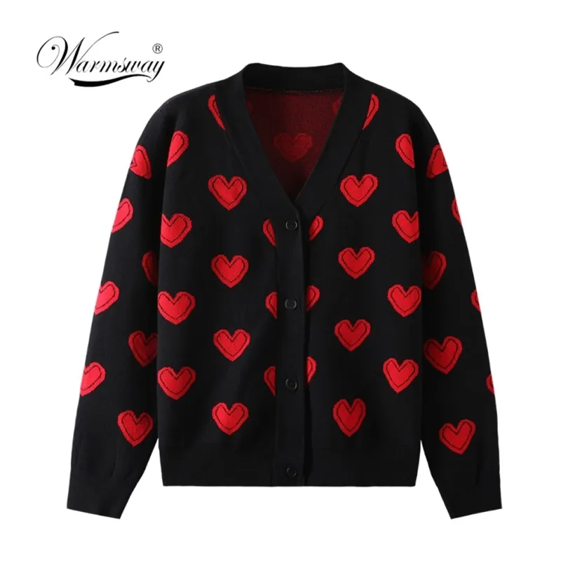 Love Heart Pattern Pull chaud Vestes Printemps Automne Femmes Élégant Tricot Vintage Col V Lâche Épais Cardigan Manteau C-110 211018