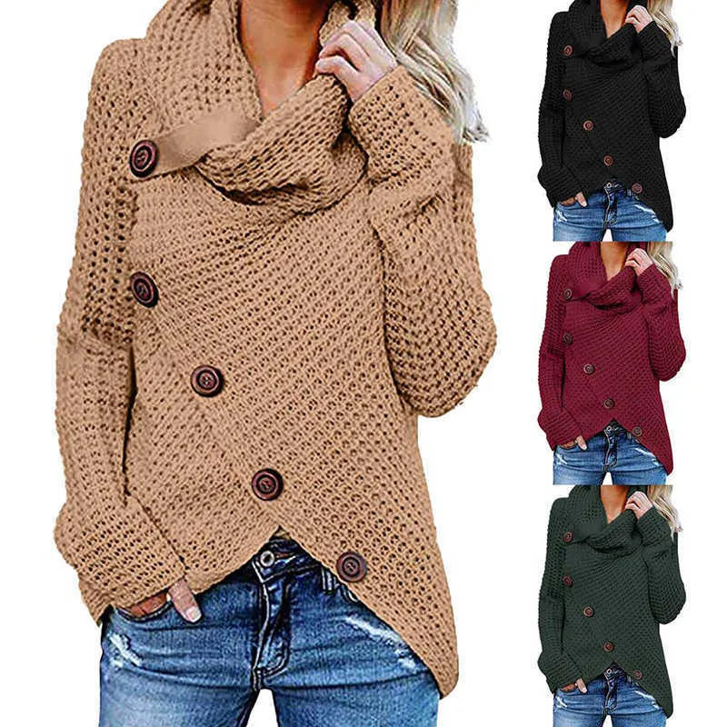 Scarf Collar Sweaters Pullovers Female Crossed Fashion Warm Crocheted Long Sleeve Button Sweater Autumn Winter Irregular Tops X0721