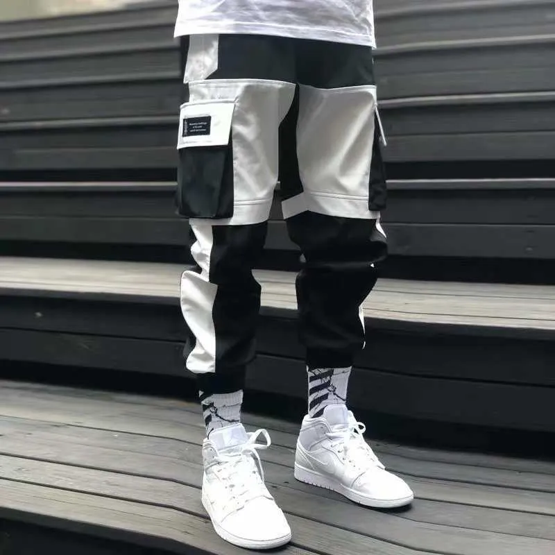 Mens Harem Pants Joggers Cargo Pants Black White Streetwear Male Pocket Hip Hop Casual Pockets Harajuku Fashion Trousers X0615