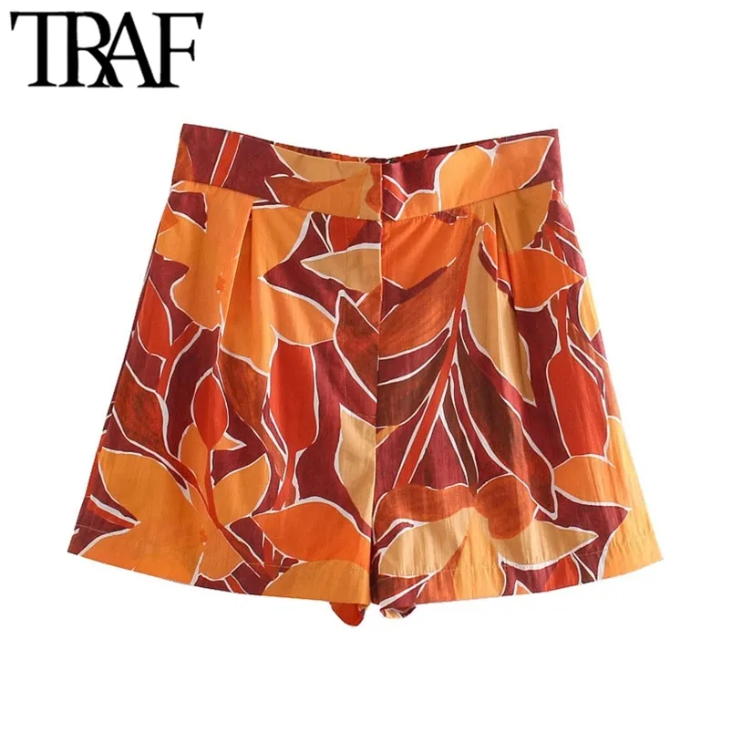 Women Chic Fashion With Darts Printed Bermuda Shorts Vintage High Elastic Waist Side Pockets Female Short Pants 210507