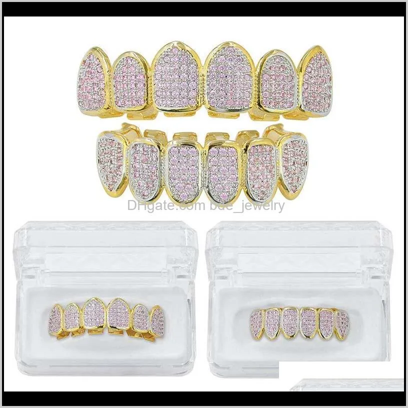 hiphop gold teeth grilllz all iced out micro pave pink cz stones women`s top&bottom grills set