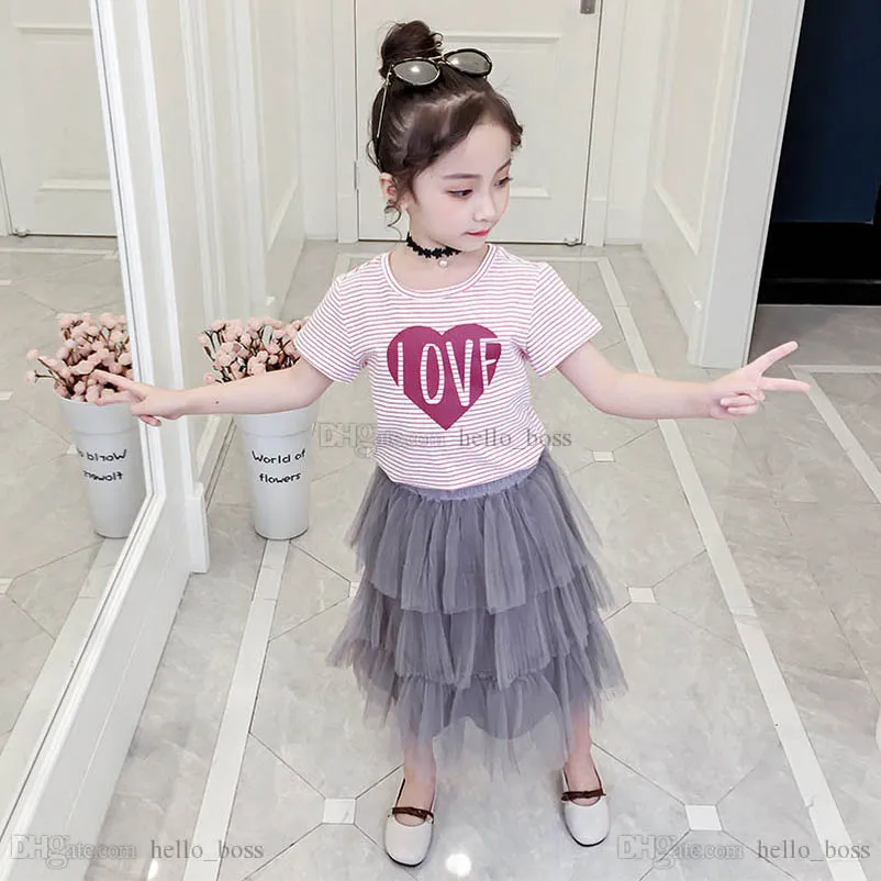 Teenage Girls Clothing Sets Kids Outfits Children Clothes Sweet Summer Dress Short Sleeve T-Shirts Lace Tutu Skirts Princess Two-Piece B6855