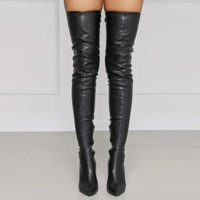 Zwart Sexy Over The Knee Laarzen Vrouwen Hoge Hakken Schoenen Dames Dij Hoge Laarzen Lente Leren Lange Laarzen Vrouwelijke Schoen Plus Size 43 Y1018