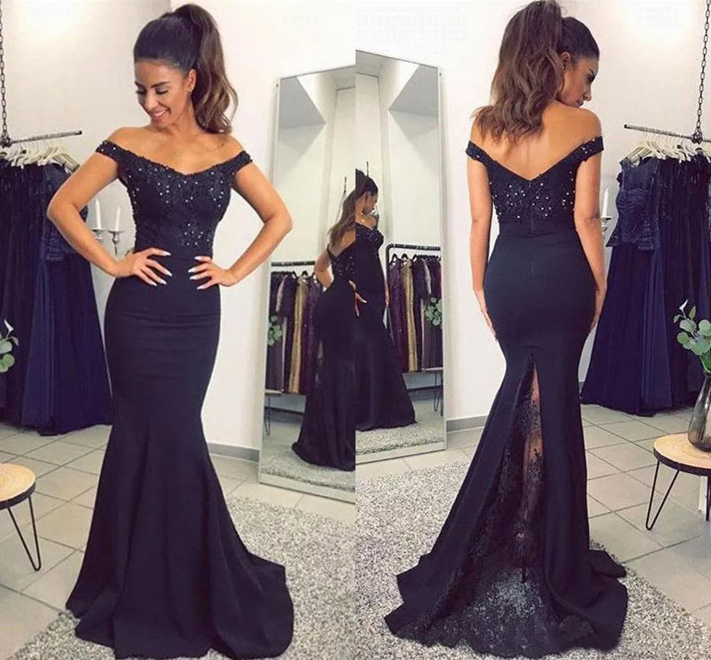 2021 Navy Blue Mermaid Prom Dresses Off Shoulder Satin Cekinowy Zroszony Koronki Aplikacja Sweep Pociąg Zipper Powrót Długie Wieczór Party Suknie