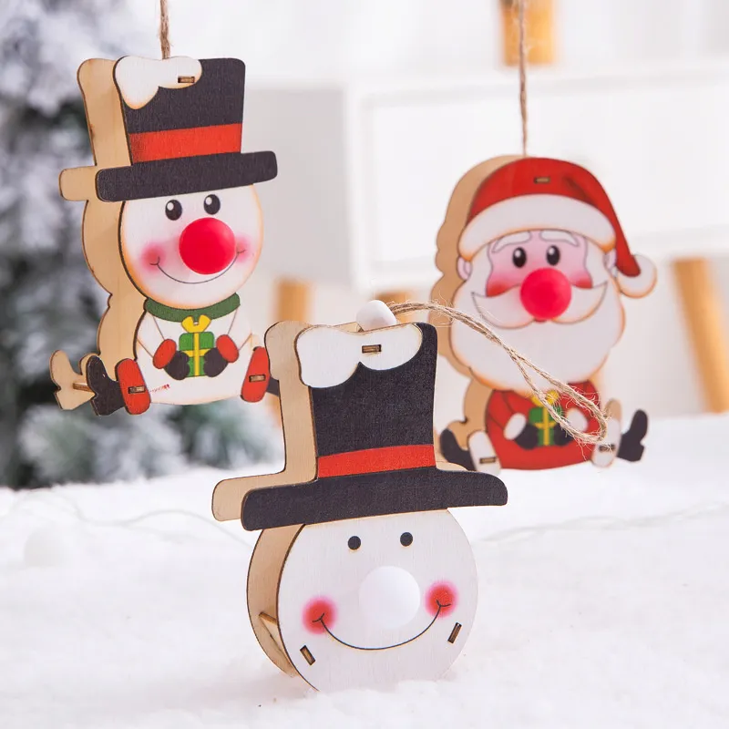 Wooden Christmas Light Pendants Santa Snowman Moose Shaped Warm Lights New Year Home Decorations