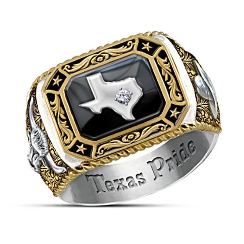 Кольца кластера Модные ювелирные кольца, мужское золотое двухцветное кольцо, креативное кольцо со значком карты Техаса