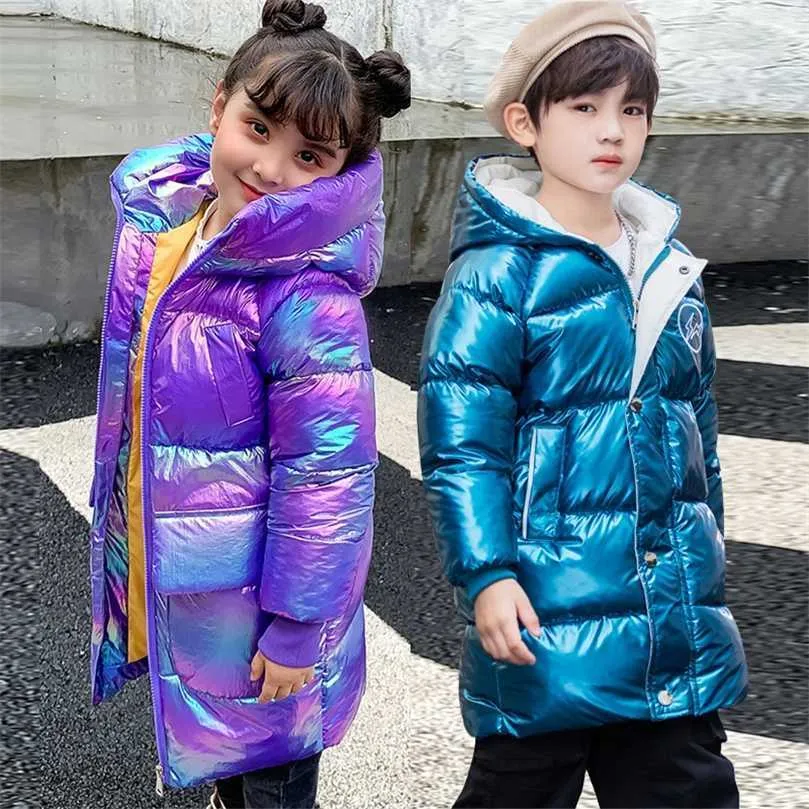 Winter send children white duck down stand collar jacket fashion boys and girls bright face thickened cotton coat 211027