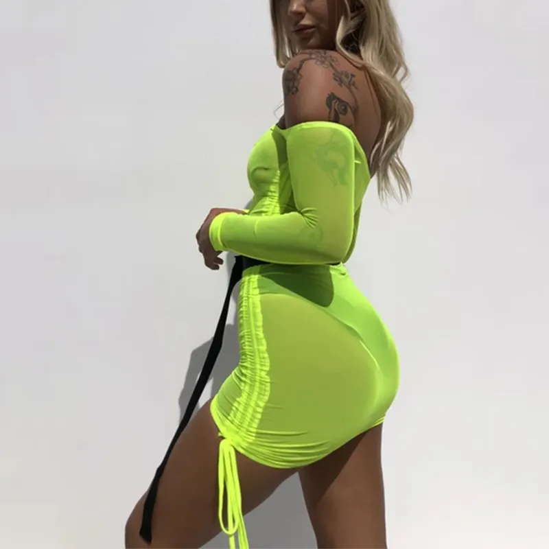 neon see through dress Neon Sheer Mesh Tube Dress & G-String in Yellow