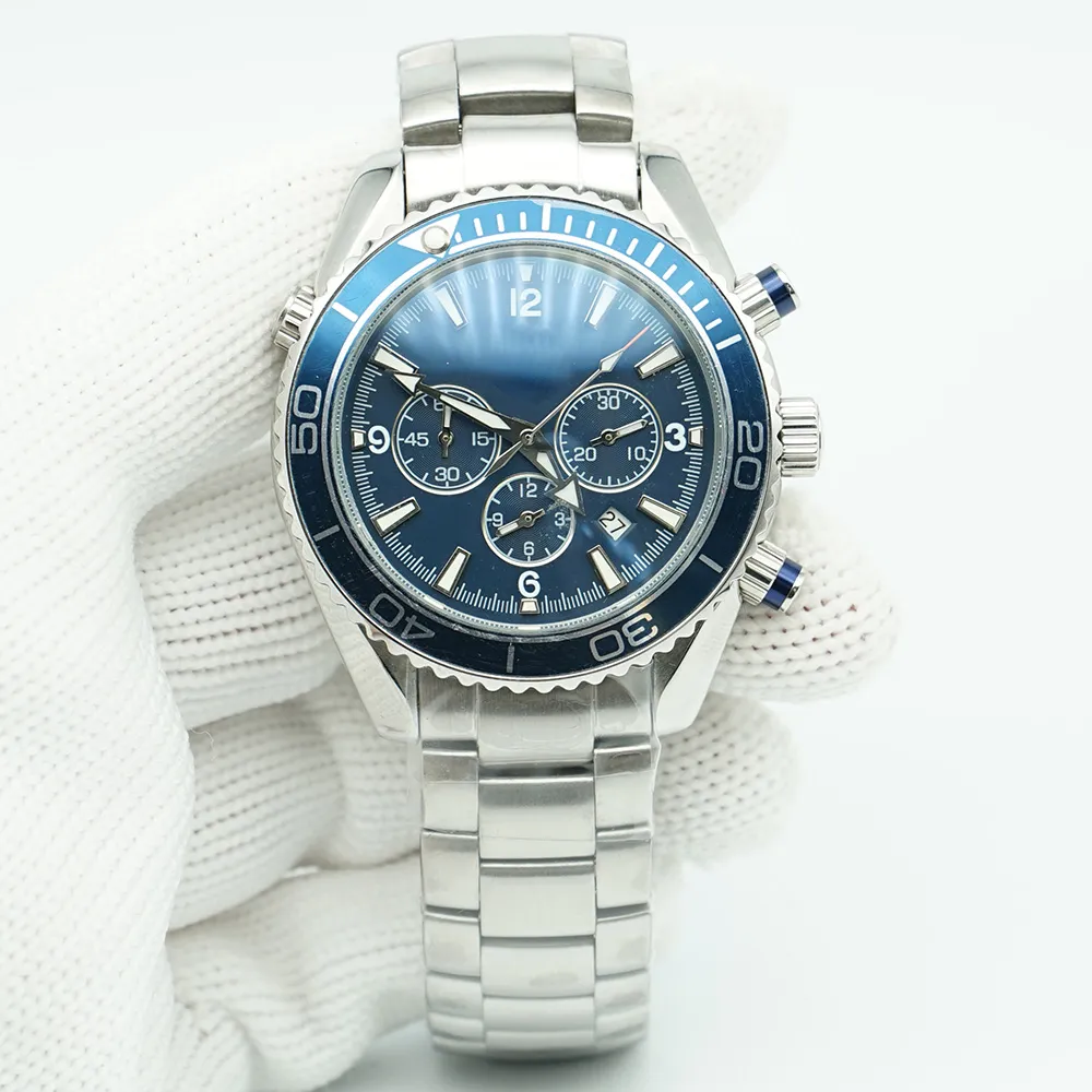 Blue Dial Meter Watch 44mm Quartz Chronograph Diver 600m Stainless Steel Glass Back Sports Sea Mens Watches