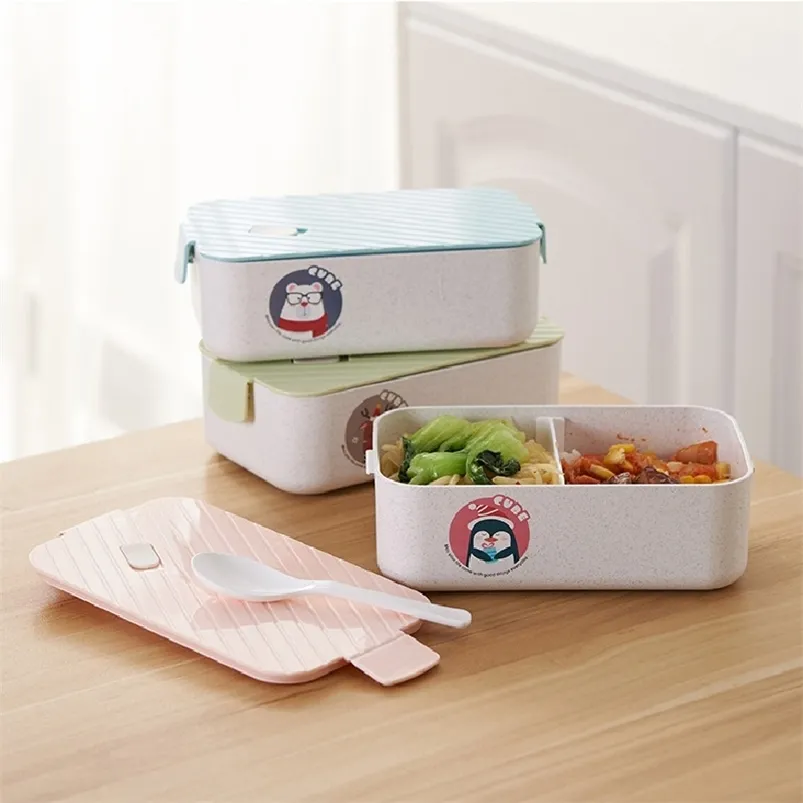 Food Container Lunch Box Bento Cartoon Office 1000/1300ml Student Wheat Fibre Leakproof Worker Rectangular Sealed 210423