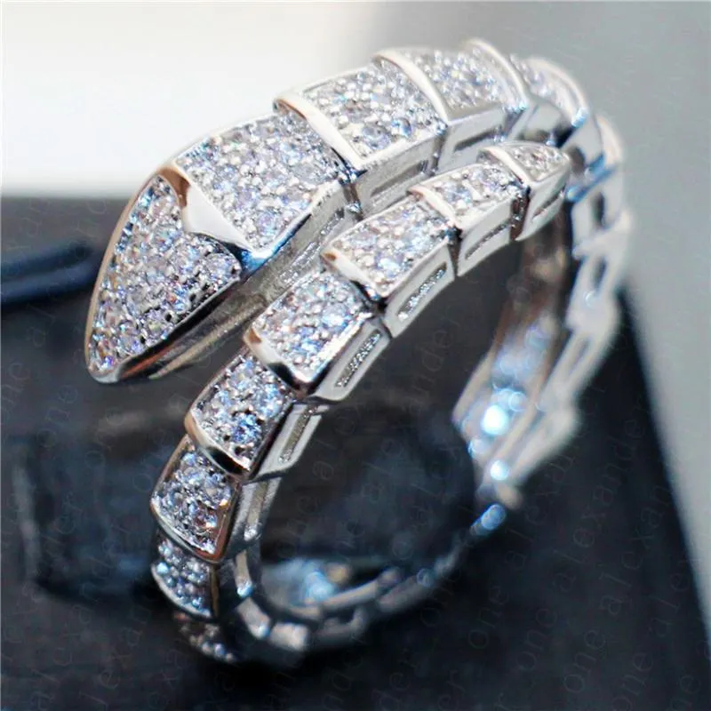 Merk 925 Sterling Zilveren Snake Ringen Voor Vrouwen Luxe Pave Diamond Engagement Ring Bruiloft Witte Topaz Sieraden Gestempeld 10kt Cluster