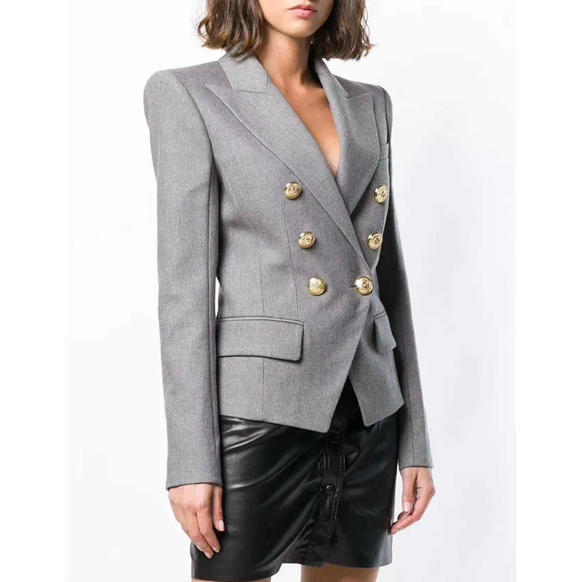 Hoge Kwaliteit Nieuwe Mode 2021 Designer Blazer Dames Double Breasted Metal Lion Buttons Katoen-Blend Blazer Jacket X0721