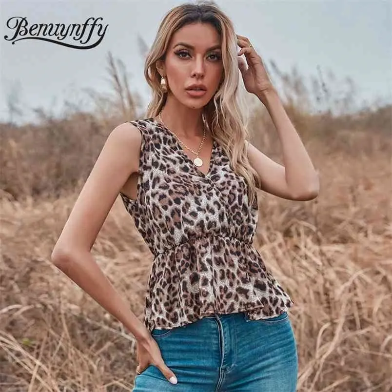 Surplection шеи леопард печатает топ блузка женская летняя мода уличная одежда повседневные топы без рукавов и блузки 210510