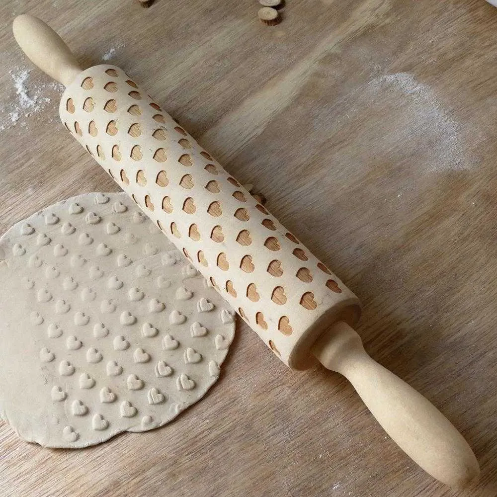 35 * 4,5 cm Alla hjärtans dag Embossing Rolling Pin Baking Cookies Nudel Biscuit Fondant Cake Dough Graverad Roller Hjärtmönster 211008