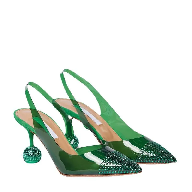 Sandálias femininas apontadas de ponta de ponta de strass cristal transparente transparente Sapatos de salto alto de salto alto slingbacks plus size 2022