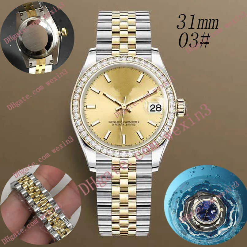 Deluxe Woman Diamond Watch 31mm Mekanisk Automatisk Högkvalitativ Night Light White Jubilee Armband Montre de Luxe 2813 Stål Vattentäta Klockor