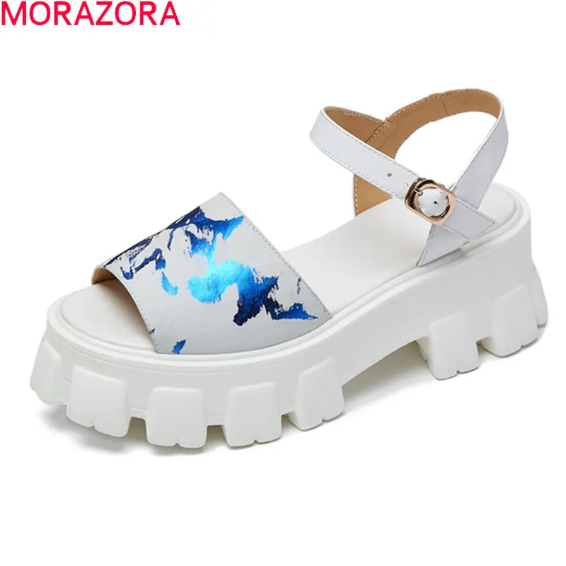 Morazora Äkta läder Kvinnor Sandaler Square Heels Rund Toe Platform Party Shoes Fashion Buckle Sommar Sandaler 210506