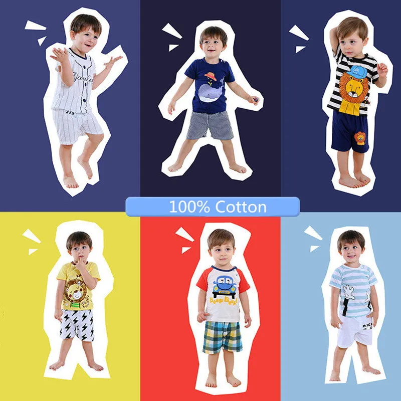 Verão Crianças Conjunto de Roupas 100% Algodão Dos Desenhos Animados Cópia Print Schamsuit Camiseta Camiseta T-shirt + Shorts 2 Piece Outfits Fashion Children Sportswear 73-110cm