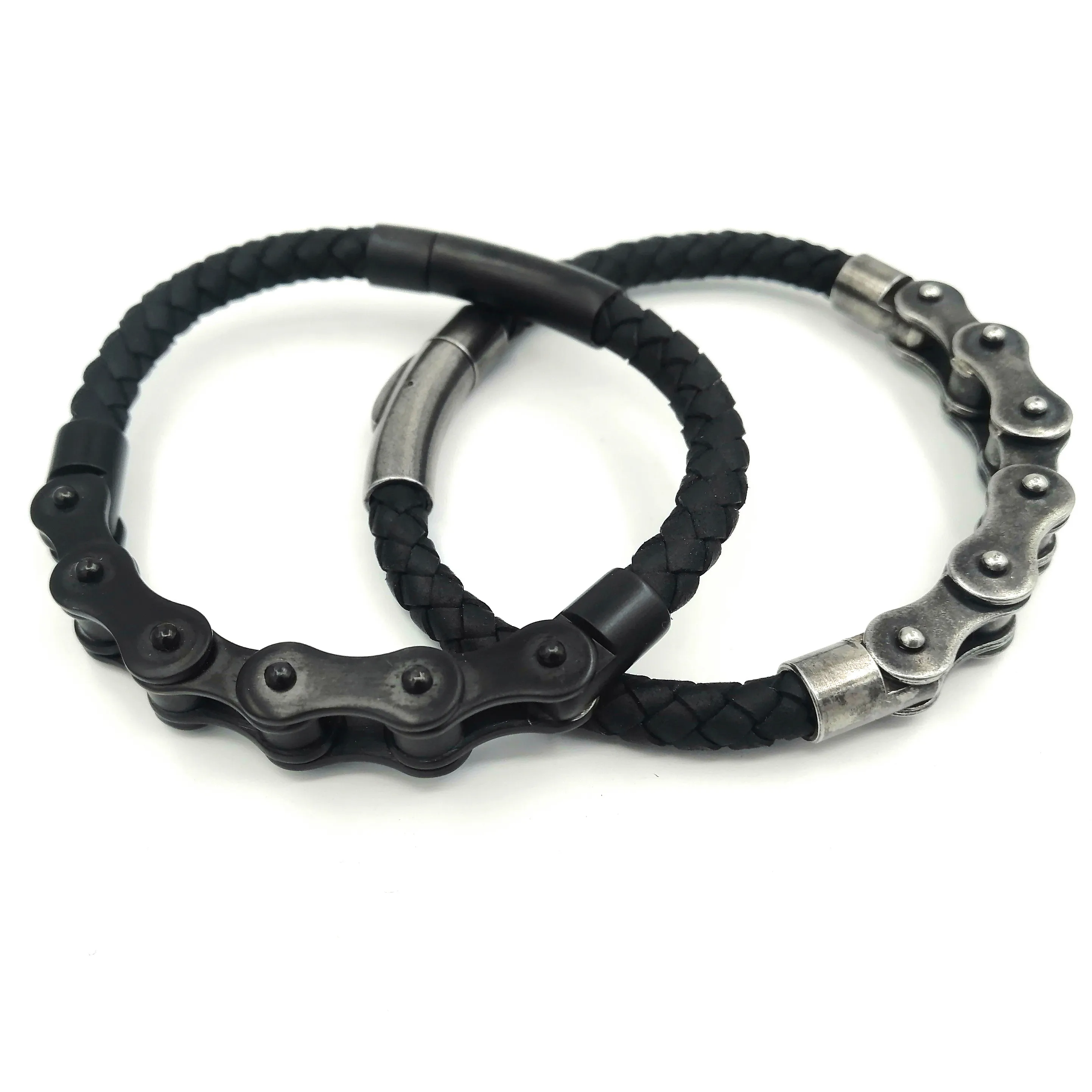 JLN Locomotive Chain Bracelet Bangle Estilo Punk Rock Aço Inoxidável Moto Biker Chain Couro PU Pulseiras Masculinas