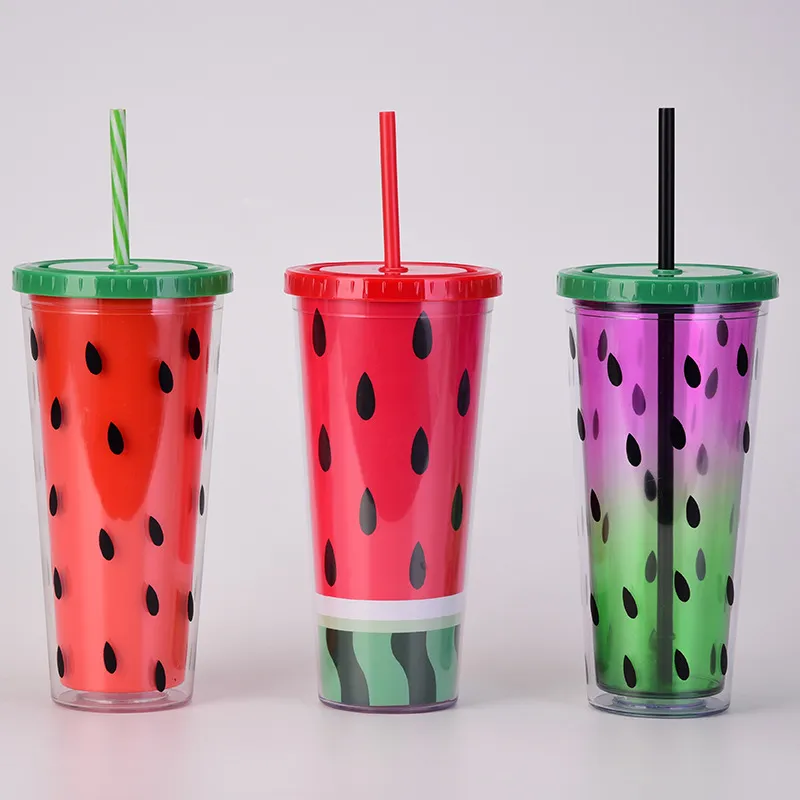 Plastic Watermelon Drinking Cup with Lids and Straws Summer Party Juice Beverage Water Tumbler