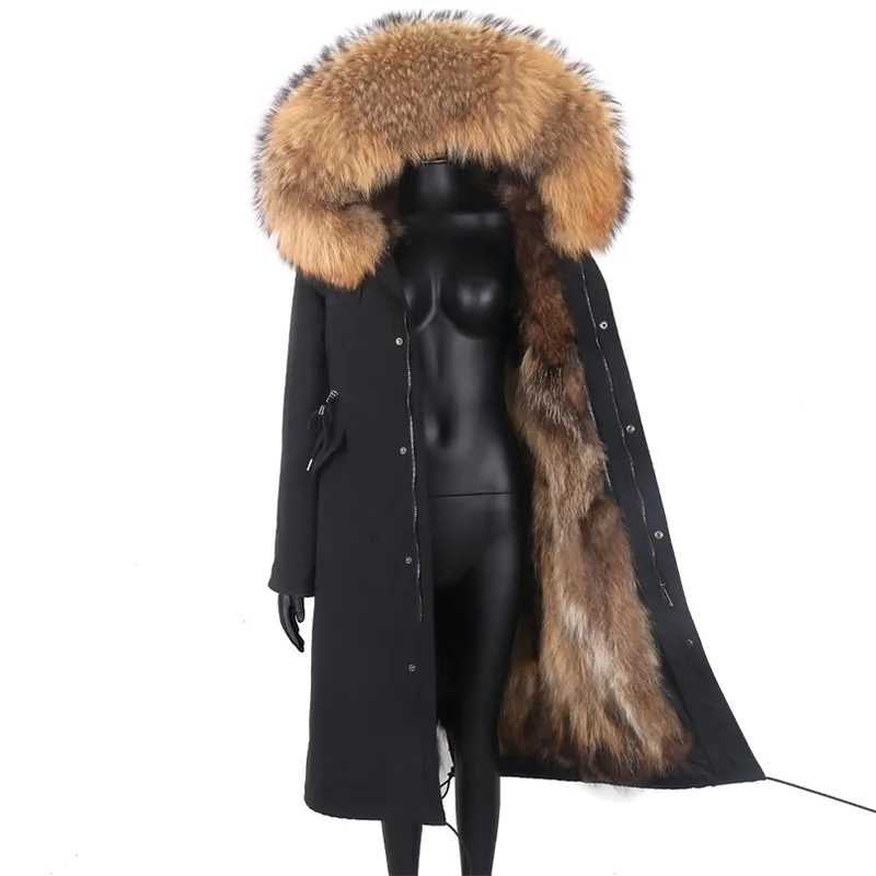 Vinterjacka Kvinnor X-Long Parka Vattentät Stor Naturlig Raccoon Fur Collar Hood Real Fur Coat Tjock Varm Real Fox Fur 210927