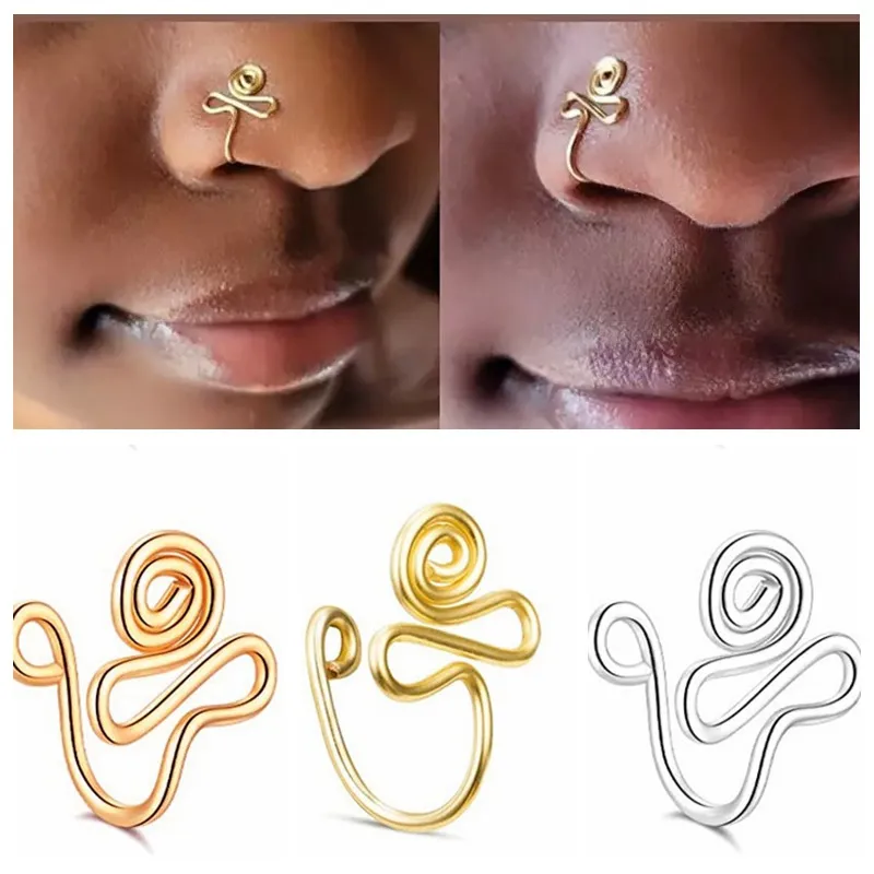 Fil de cuivre spirale faux Piercing nez anneaux Punk or argent couleur pince nez peut également être oreille pince manchette