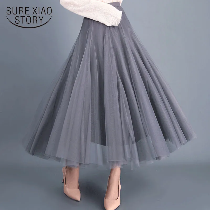 Style Autumn Solid Tulle Skirt Gray Brown Beige Pink Black Long s Elegant Sweet Casual A-line Women 4884 50 210510