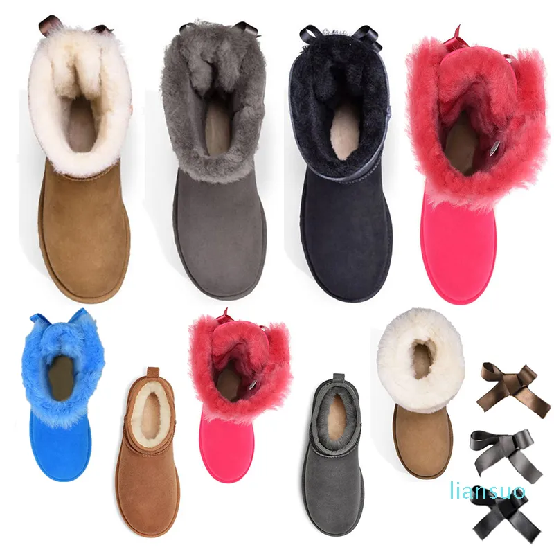 Kobiety Zima Luxurys Designer Botki Dziewczyna Klasyczny Snow Boot Kostki Krótki Bow Mini Futro Czarny Kasztan Różowy Bowtie Damskie Buty Rozmiar 5-10 Fashio