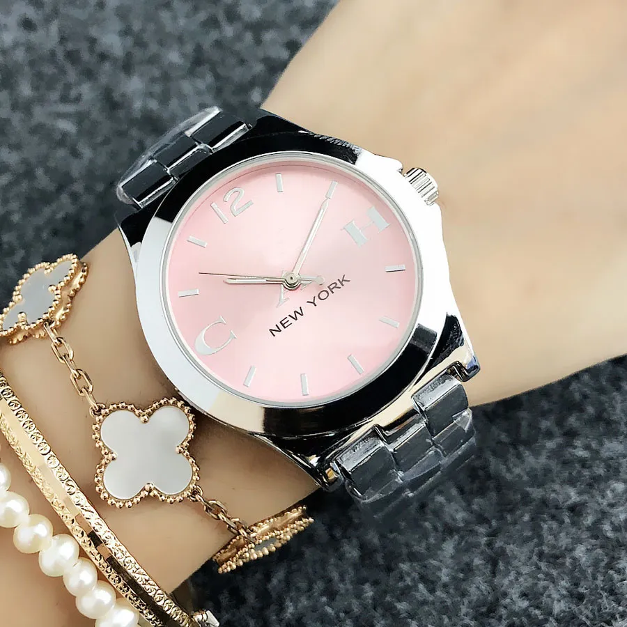 NY LA GM Fashion Top Brand Women Girls New York Style Dial Metal Steel Band Quartz Wrist Watch CO6123 DBG MLB