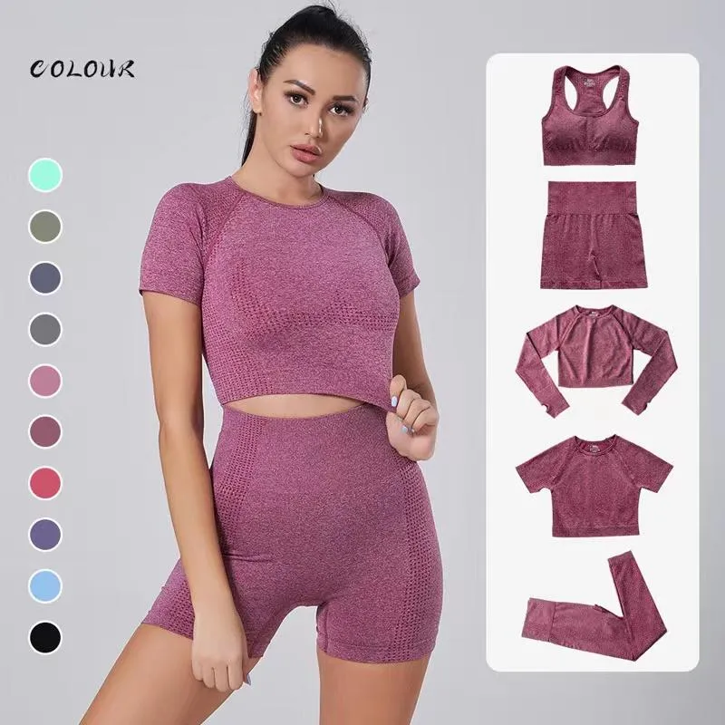 Costumi da bagno da donna 158 5PCS Set da yoga da donna senza cuciture Allenamento Abbigliamento sportivo Abbigliamento da palestra Fitness Manica lunga Crop Top Leggings a vita alta Sport Su