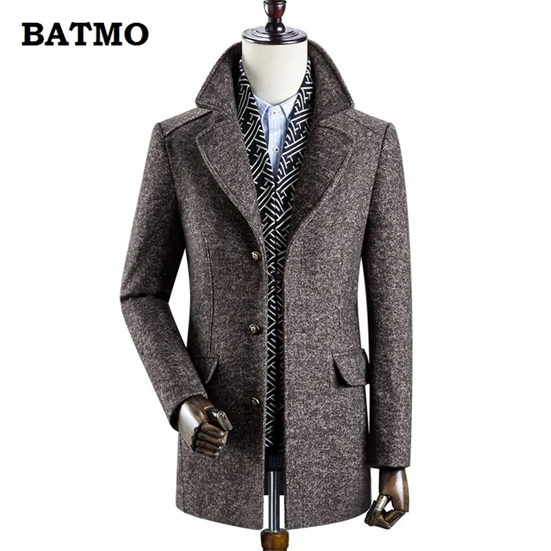バットモ到着冬の高品質60％ウールの厚いトレンチコート男性、メンズグレーウールのジャケット、プラスサイズM-3xL、0833 211122