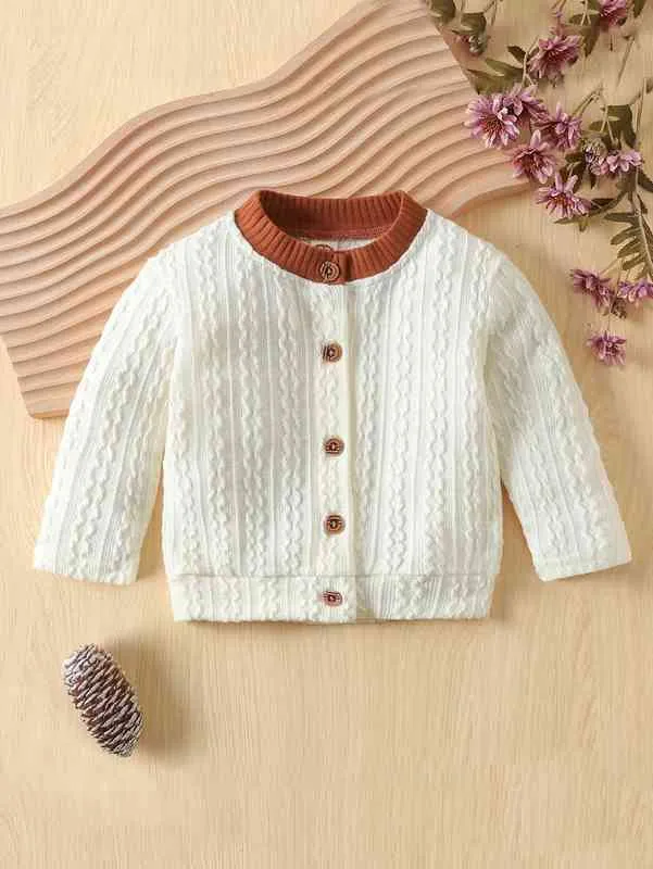 Baby Contrast Trim Cable Textured Coat SHE