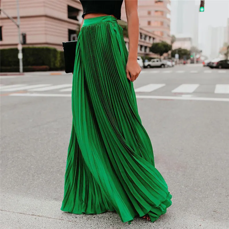 Geplooide chiffon hoge taille vrouwen maxi rokken vloer lengte solide lange rok dames 2021 losse groene zwarte roze bodems vrouw 210324