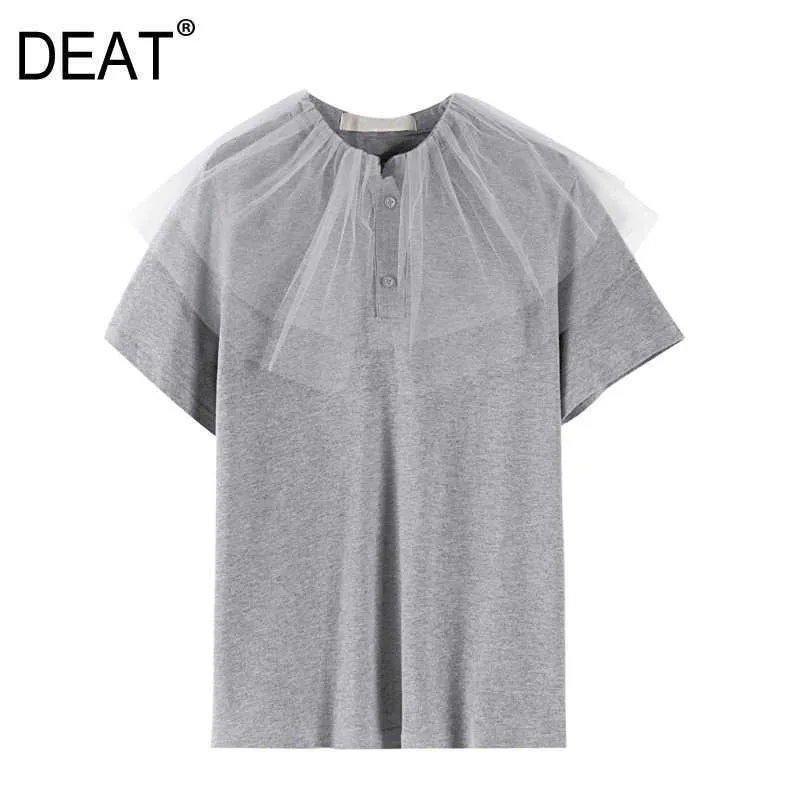 [DEAT] Summer Fashion Tops Round Neck Solid Color Net Yarn Short Sleeve Loose Temperament Women T-shirt 13C787 210527