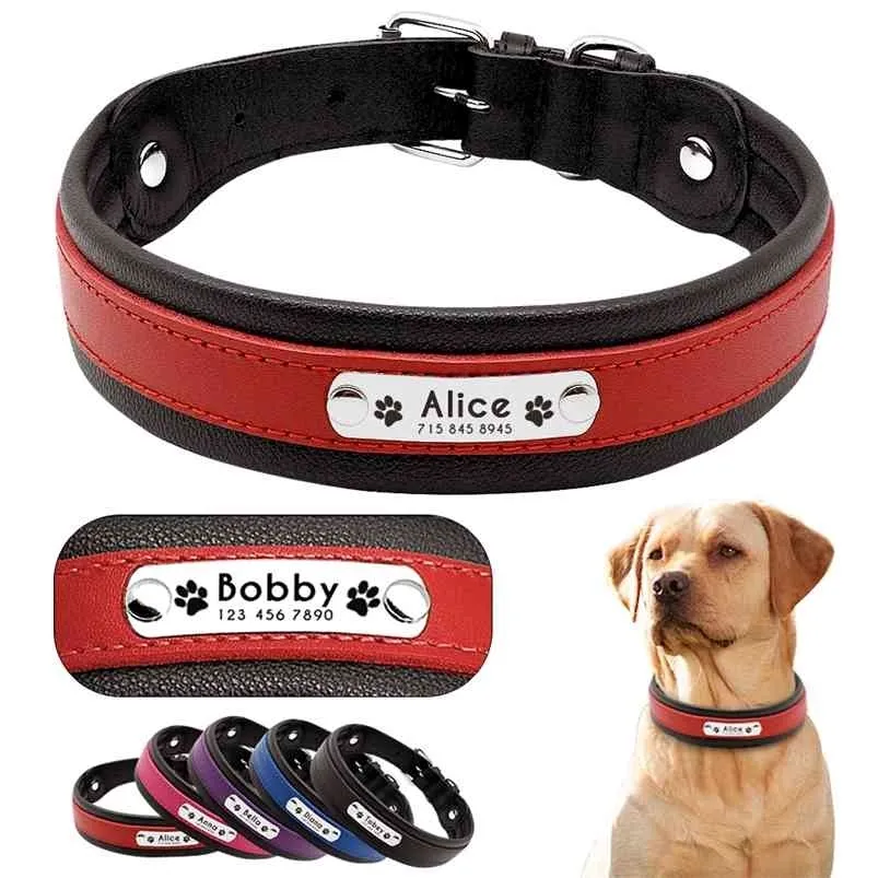 Personalized Leather Dog Collar Customized Engraved Pet Big Dog Bulldog Collars Padded For Medium Large Dogs Perro Pitbull 210729