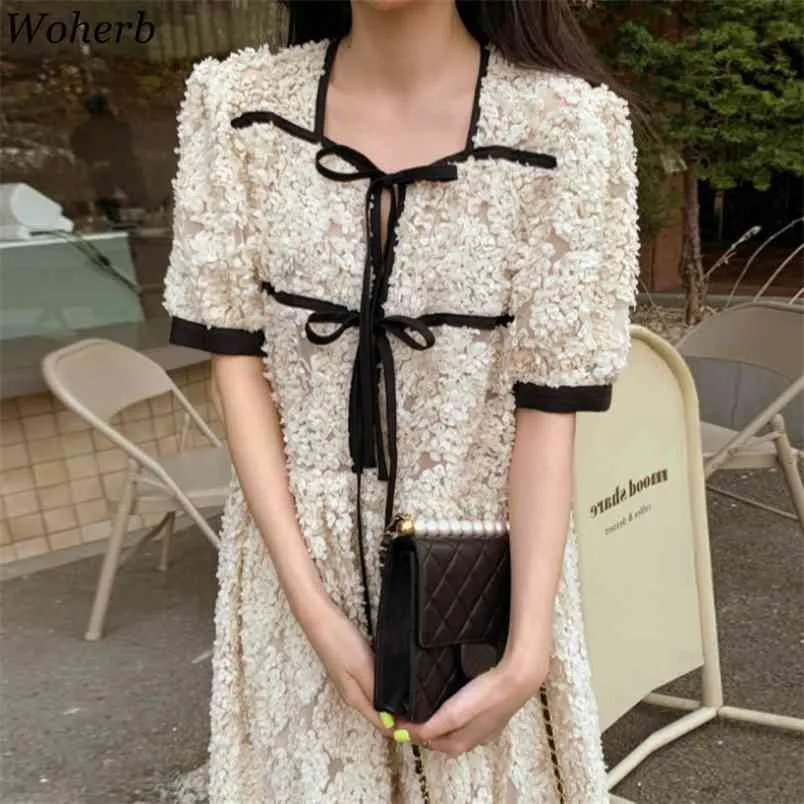 Square Collar Vintage Dress Women Summer Korean Robe Crochet Floral Lace Up Vestidos Mujer Chic Elegant Maxi Dresses 210519