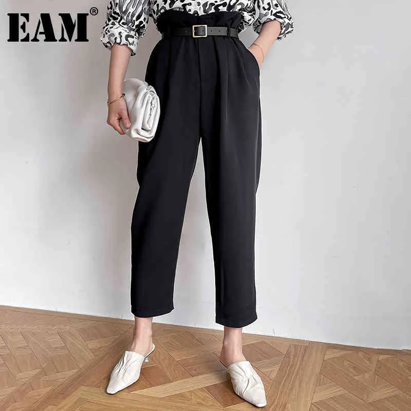 [EAM] Yüksek Elastik Bel Siyah Pileli Rahat Pantolon Gevşek Fit Harem Pantolon Kadın Moda İlkbahar Sonbahar 1dD7333 210512