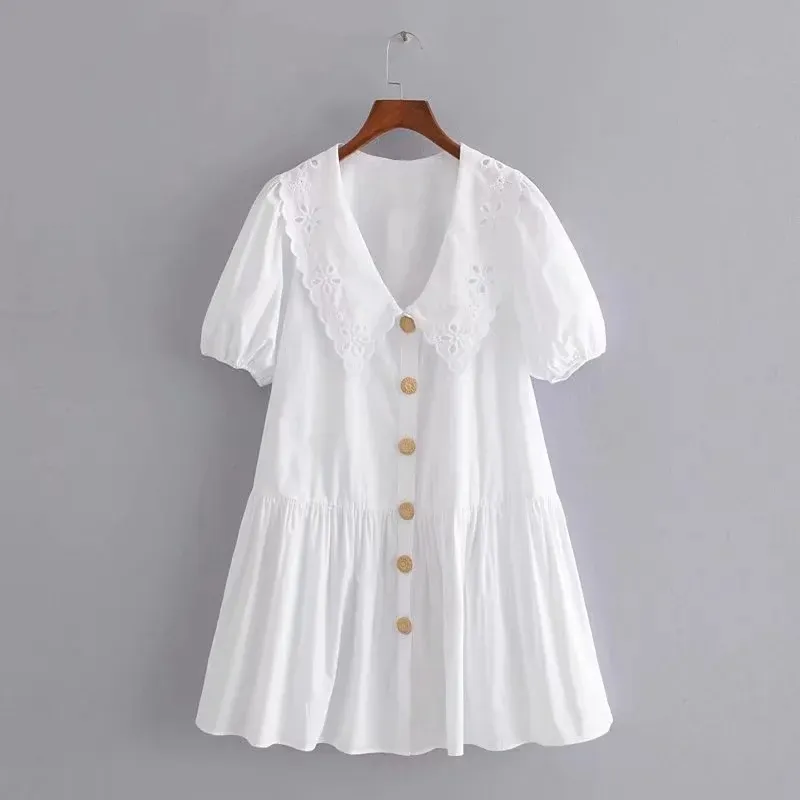 Elegant White Single Breasted Cotton Mini Dress Summer Vintage Short Sleeve Hollow Out Cute Girls Pretty Dresses 210521