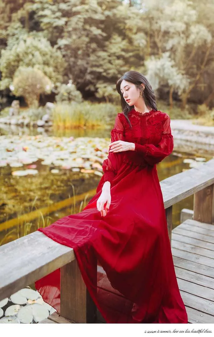 YOSIMI Vintage Maxi Dress Red Chiffon, Cdc Stands For Neck YOSIMI Vintage Maxi Dress Red Chiffon, Cdc Stands For Neck