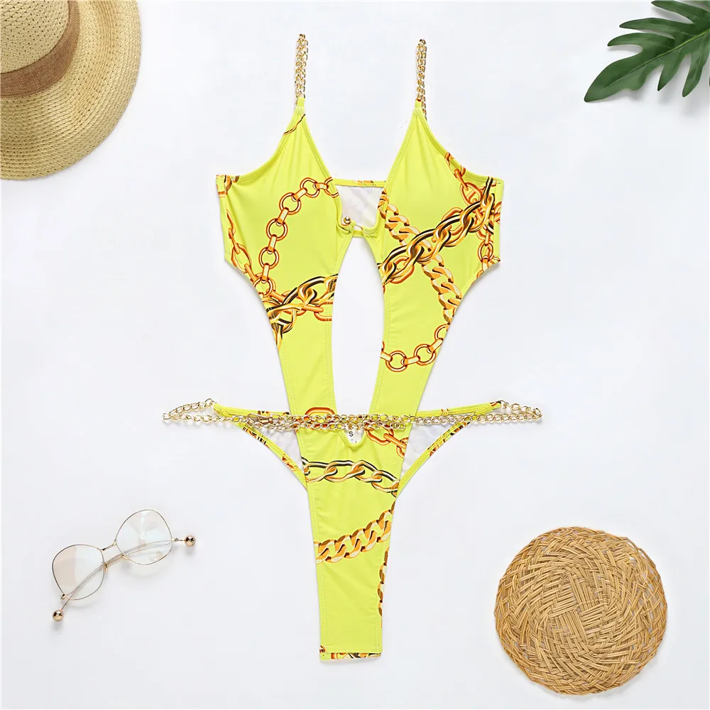 Costume da bagno sexy perizoma donna catena di metallo fasciatura costume da bagno costumi da bagno giallo verde vita alta cut-out monokini 210520