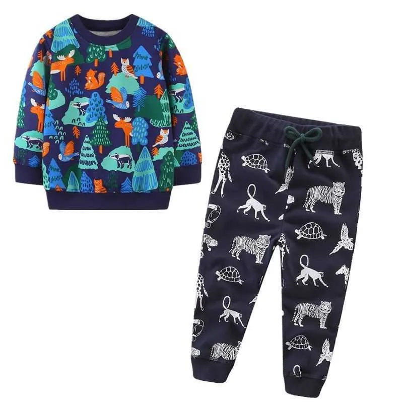 New Baby Boys Clothing Sets Autumn Winter Cartoon Animals Printed Cotton Boys Girls Outfit Long Sleeve Shirt Pant X0802